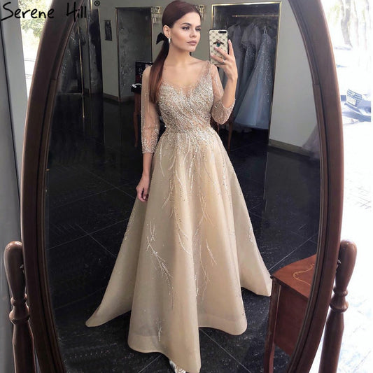 Vestidos de noche dorados de lujo, corte A, 2025, con cuentas brillantes, sexys, para mujer, fiesta, LA70823 