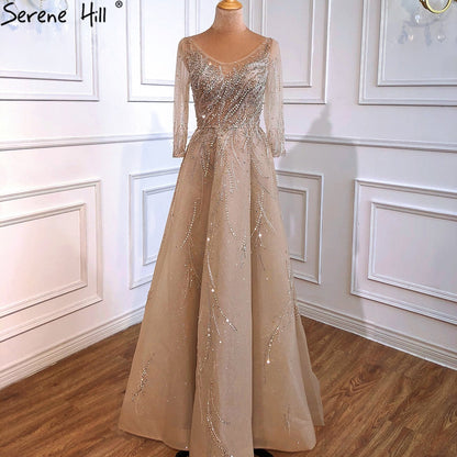 Vestidos de noche dorados de lujo, corte A, 2025, con cuentas brillantes, sexys, para mujer, fiesta, LA70823 