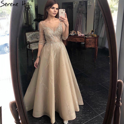 Vestidos de noche dorados de lujo, corte A, 2025, con cuentas brillantes, sexys, para mujer, fiesta, LA70823 