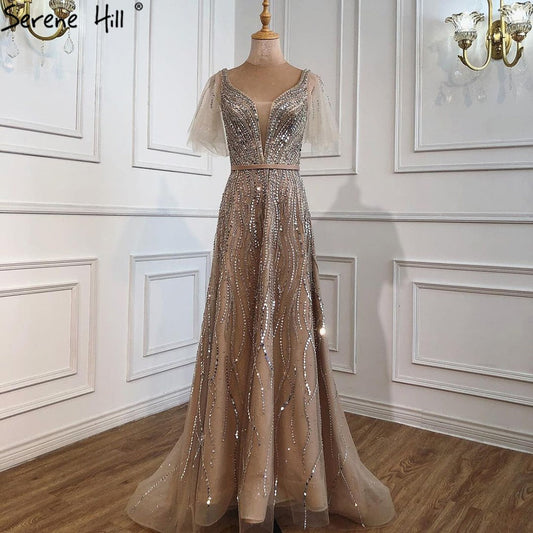 Vestidos de noche dorados de lujo, corte A, 2025, con cuentas, mangas cortas acampanadas para mujer, fiesta LA70824 
