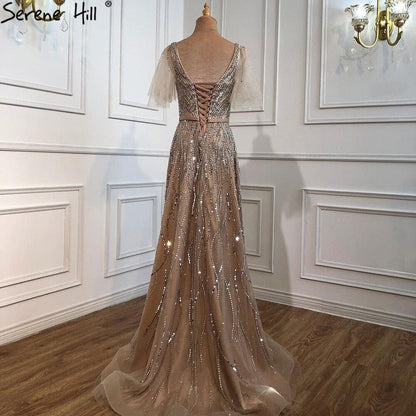 Vestidos de noche dorados de lujo, corte A, 2025, con cuentas, mangas cortas acampanadas para mujer, fiesta LA70824 