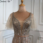 Gold Luxury A-Line Evening Dresses Gowns 2025 Beaded  Short Flare Sleeves For Women Party LA70824