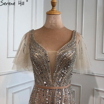 Vestidos de noche dorados de lujo, corte A, 2025, con cuentas, mangas cortas acampanadas para mujer, fiesta LA70824 