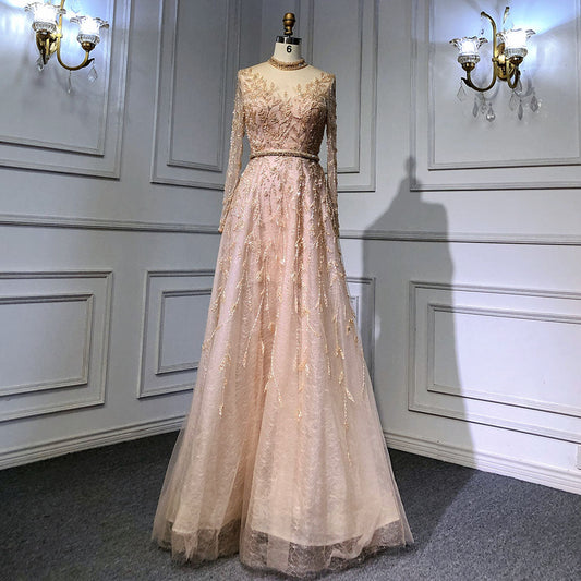 Vestidos de noche dorados de lujo, corte A, cuello redondo, con cuentas, tirantes finos, sexys, para mujer, fiesta, LA71378L 