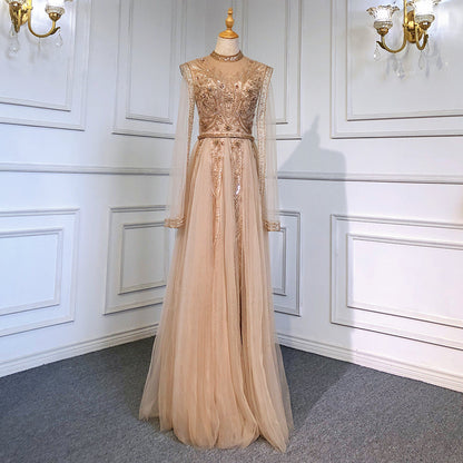 Vestidos de noche dorados de lujo con mangas tipo capa, vestidos de sirena con cuentas 2025, elegantes para mujer para fiesta LA71604 
