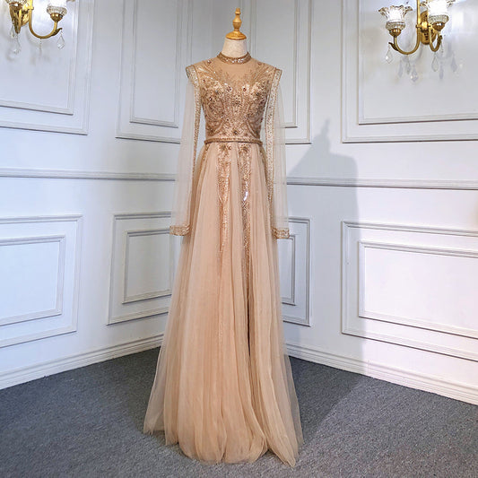 Vestidos de noche dorados de lujo con mangas tipo capa, vestidos de sirena con cuentas 2025, elegantes para mujer para fiesta LA71604 