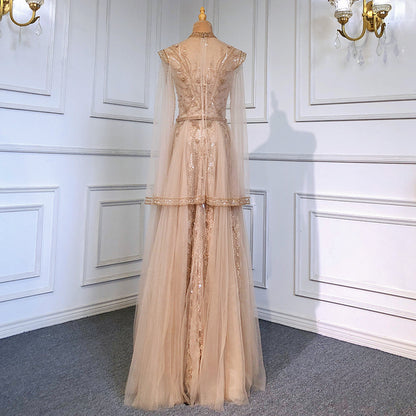 Vestidos de noche dorados de lujo con mangas tipo capa, vestidos de sirena con cuentas 2025, elegantes para mujer para fiesta LA71604 