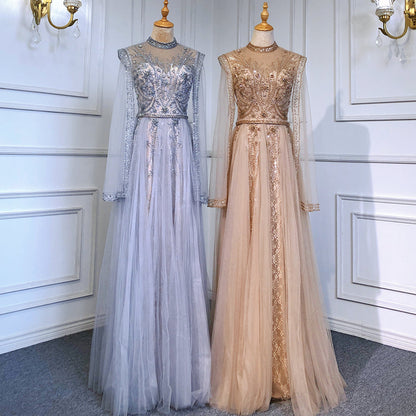 Vestidos de noche dorados de lujo con mangas tipo capa, vestidos de sirena con cuentas 2025, elegantes para mujer para fiesta LA71604 