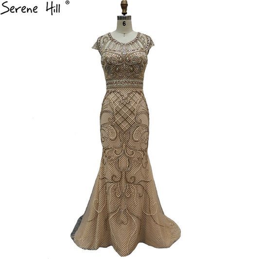 Vestidos de noche dorados de lujo con mangas cortas, vestidos de sirena 2025, elegantes con cuentas para mujer, fiesta LA70851 