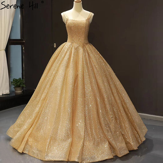 Vestidos de novia de lujo con purpurina dorada 2025, vestido de novia sexy con tirantes finos HM66731, hecho a medida 