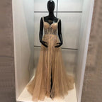Gold Luxus High Split Abendkleider Kleider 2025 Perlen Meramid Elegante Für Frauen Party LA71373 