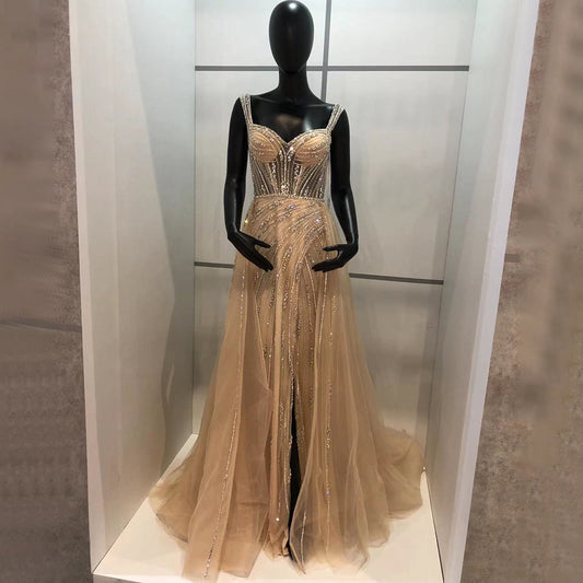 Vestidos de noche dorados de lujo con abertura alta, elegantes vestidos de fiesta de sirena con cuentas 2025 LA71373 