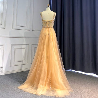 Vestidos de noche dorados de lujo con abertura alta, elegantes vestidos de fiesta de sirena con cuentas 2025 LA71373 