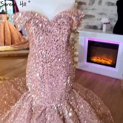 Vestidos de novia de sirena de lujo dorados, hombros descubiertos, brillantes, elegantes y sexys, HA2353 