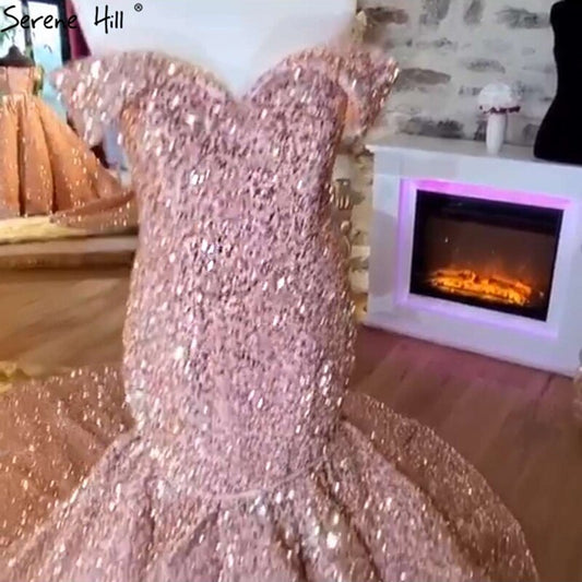 Vestidos de novia de sirena de lujo dorados, hombros descubiertos, brillantes, elegantes y sexys, HA2353 