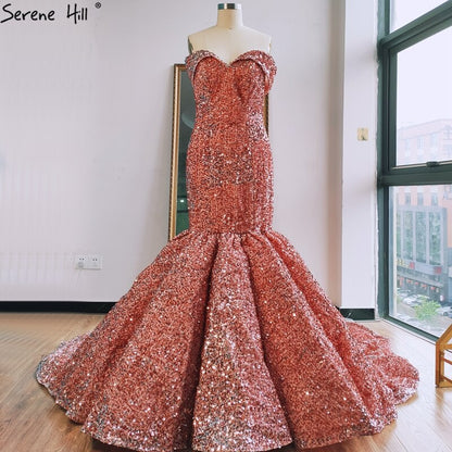 Vestidos de novia de sirena de lujo dorados, hombros descubiertos, brillantes, elegantes y sexys, HA2353 