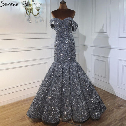 Vestidos de novia de sirena de lujo dorados, hombros descubiertos, brillantes, elegantes y sexys, HA2353 