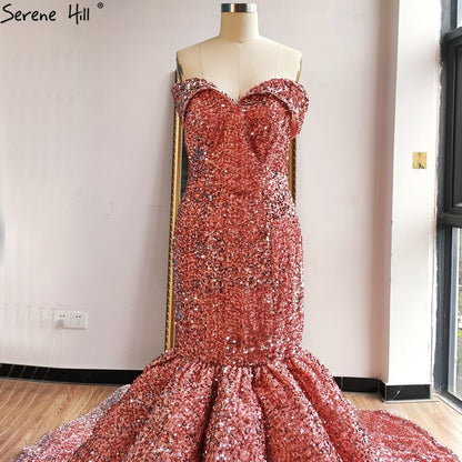 Vestidos de novia de sirena de lujo dorados, hombros descubiertos, brillantes, elegantes y sexys, HA2353 