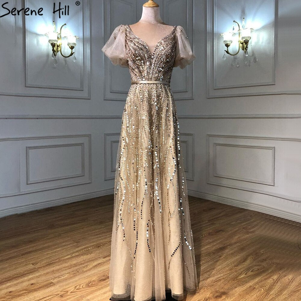 Gold Luxus Sexy Abendkleider Kleider 2025 Kurze Flare Ärmel Perlen A-Linie Für Frauen Party LA70824A 