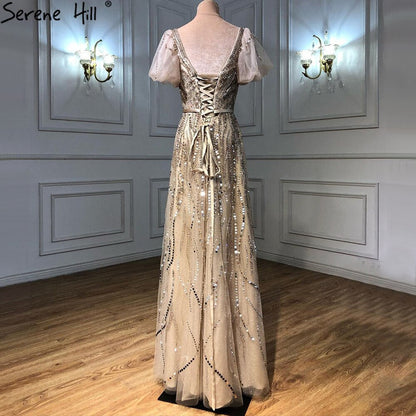 Vestidos de noche sexys de lujo dorados, 2025, mangas cortas acampanadas con cuentas, corte A, para mujer, fiesta LA70824A 