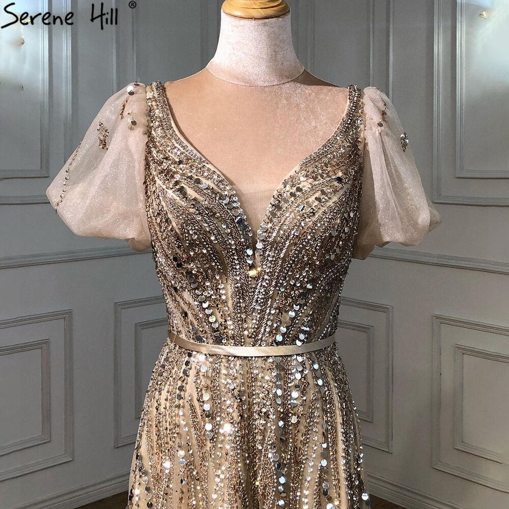 Gold Luxus Sexy Abendkleider Kleider 2025 Kurze Flare Ärmel Perlen A-Linie Für Frauen Party LA70824A 