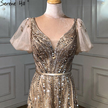 Vestidos de noche sexys de lujo dorados, 2025, mangas cortas acampanadas con cuentas, corte A, para mujer, fiesta LA70824A 