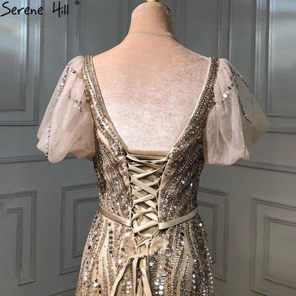Vestidos de noche sexys de lujo dorados, 2025, mangas cortas acampanadas con cuentas, corte A, para mujer, fiesta LA70824A 