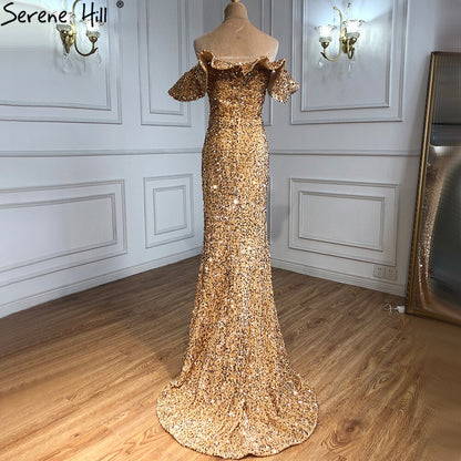 Vestidos de noche dorados de lujo, sexys, con abertura, corte sirena y cuentas, elegantes para mujer, para fiesta, LA70870 