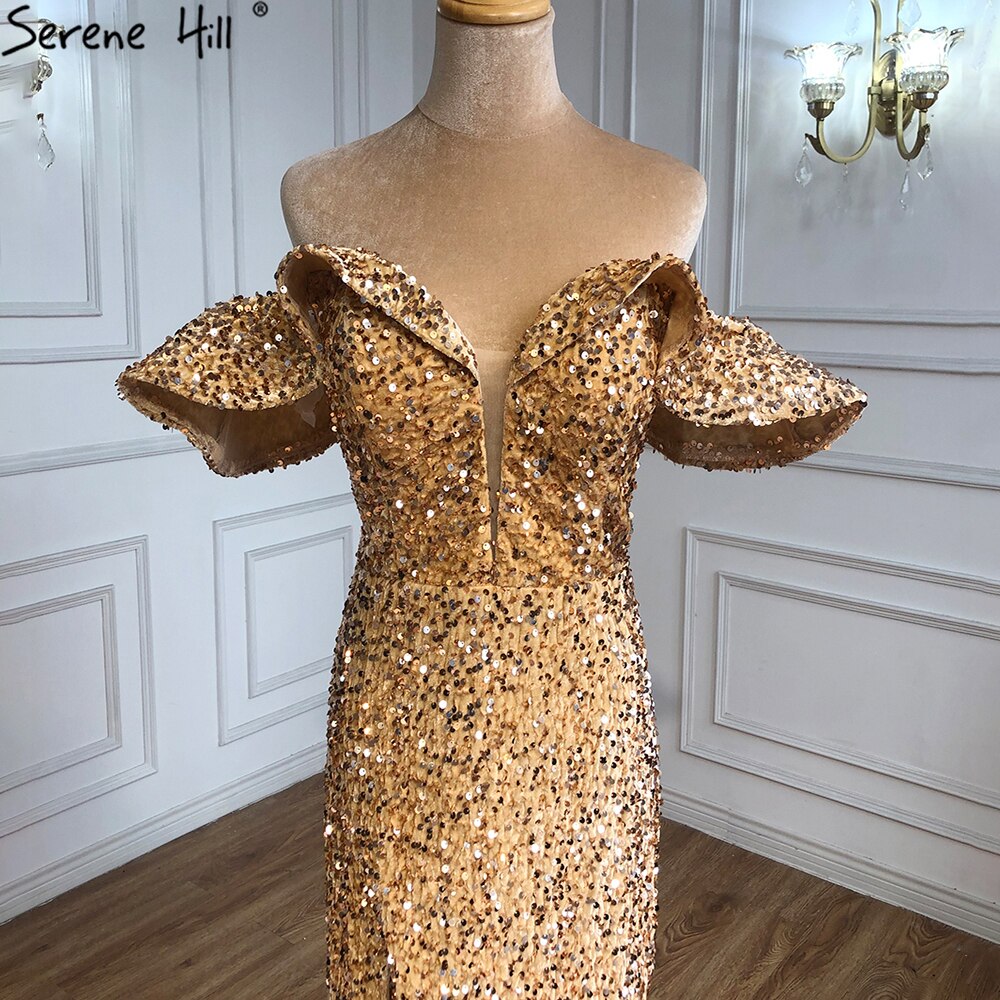 Vestidos de noche dorados de lujo, sexys, con abertura, corte sirena y cuentas, elegantes para mujer, para fiesta, LA70870 