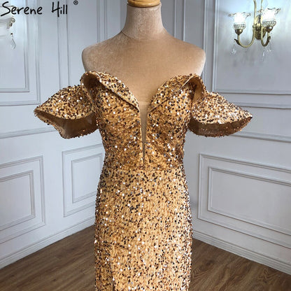 Vestidos de noche dorados de lujo, sexys, con abertura, corte sirena y cuentas, elegantes para mujer, para fiesta, LA70870 