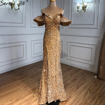 Vestidos de noche dorados de lujo, sexys, con abertura, corte sirena y cuentas, elegantes para mujer, para fiesta, LA70870 