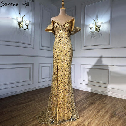 Vestidos de noche dorados de lujo, sexys, con abertura, corte sirena y cuentas, elegantes para mujer, para fiesta, LA70870 