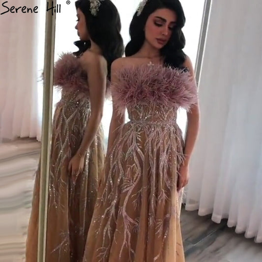 Vestidos de noche dorados de lujo sin tirantes, 2025, con plumas y cuentas, sexys, corte A para mujer, para fiesta, LA71071 