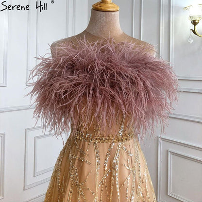 Vestidos de noche dorados de lujo sin tirantes, 2025, con plumas y cuentas, sexys, corte A para mujer, para fiesta, LA71071 