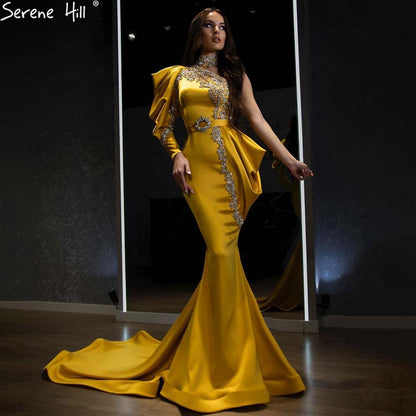 Vestidos de noche elegantes de satén con cuentas y corte sirena dorados, un hombro, para mujer, fiesta, LA71424 