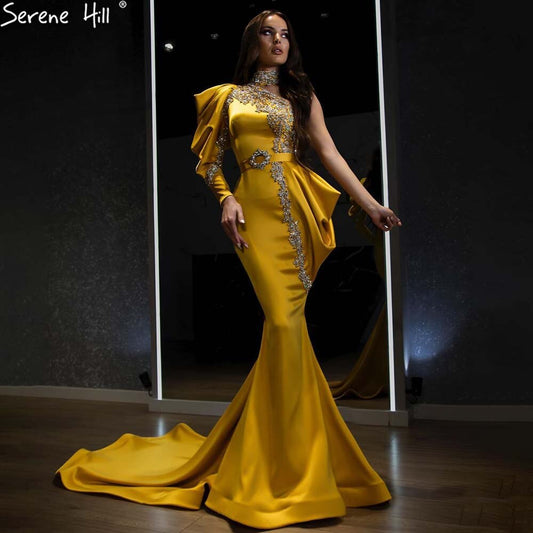Vestidos de noche elegantes de satén con cuentas y corte sirena dorados, un hombro, para mujer, fiesta, LA71424 