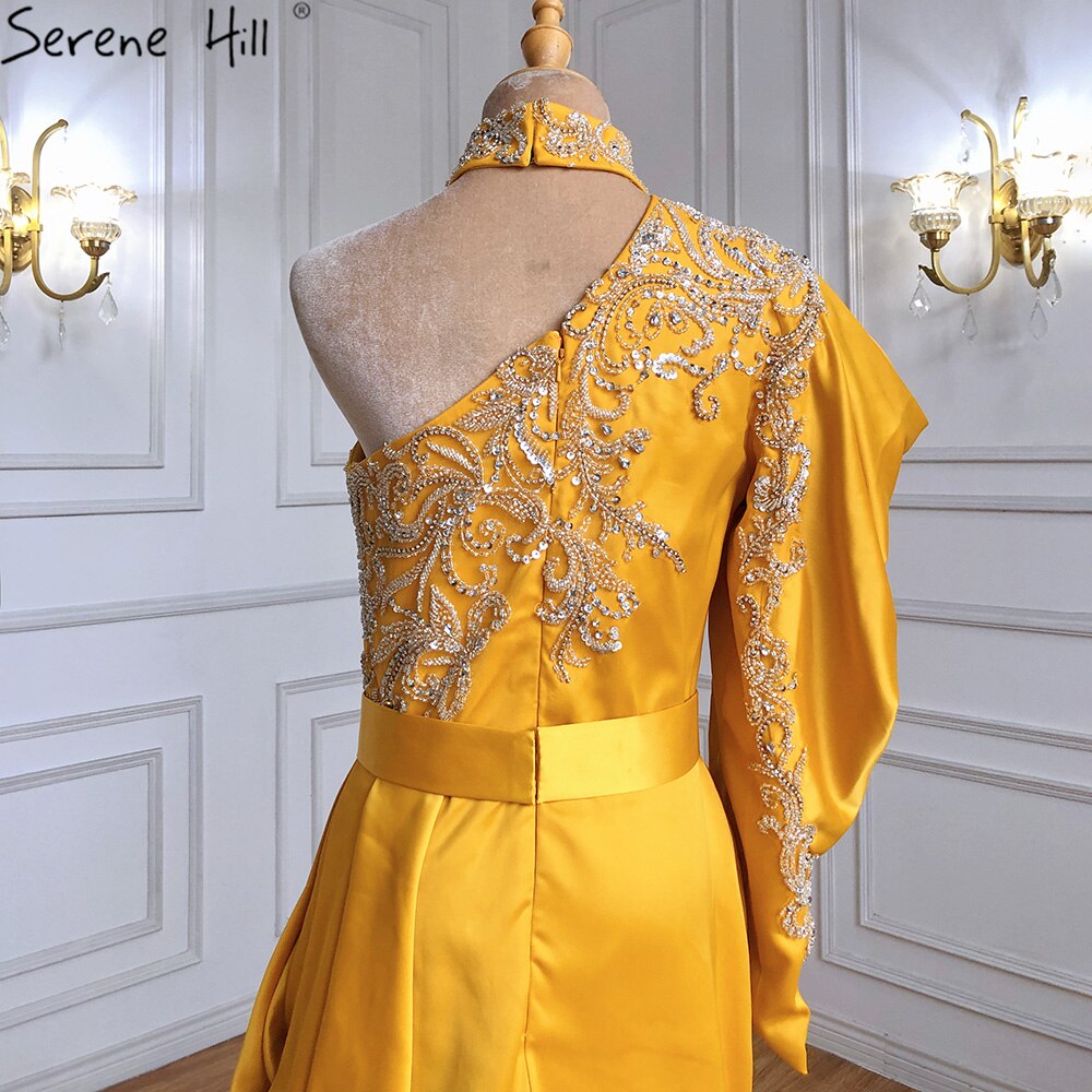 Vestidos de noche elegantes de satén con cuentas y corte sirena dorados, un hombro, para mujer, fiesta, LA71424 