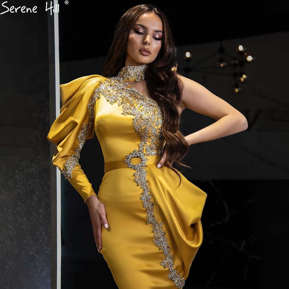 Vestidos de noche elegantes de satén con cuentas y corte sirena dorados, un hombro, para mujer, fiesta, LA71424 