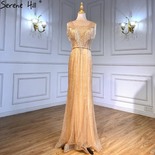 Elegante vestido de noche de sirena dorado con borlas y cuentas, de lujo, para mujer, para fiesta, LA71435 
