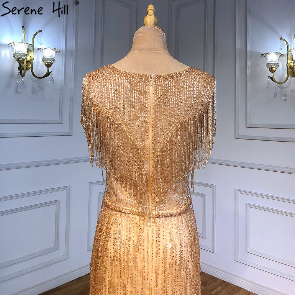 Gold Meerjungfrau Elegante Abendkleider Kleider 2025 Perlen Quaste Luxus Für Frauen Party LA71435 