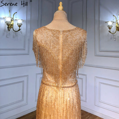 Elegante vestido de noche de sirena dorado con borlas y cuentas, de lujo, para mujer, para fiesta, LA71435 