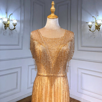 Elegante vestido de noche de sirena dorado con borlas y cuentas, de lujo, para mujer, para fiesta, LA71435 