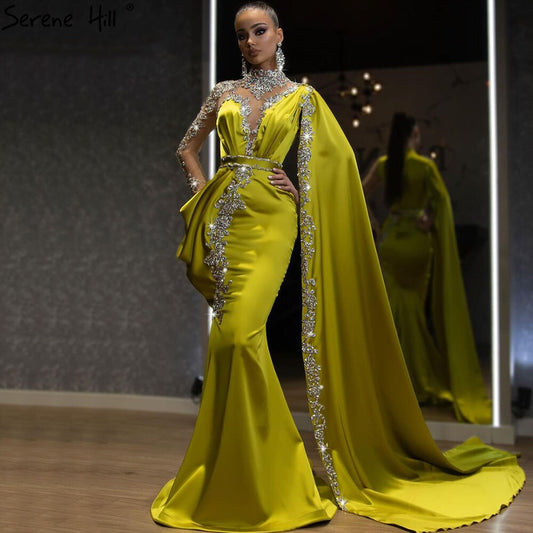Elegante vestido de noche de sirena dorado, 2025, de satén, de lujo, con cuentas, un hombro, para mujer, fiesta, LA70869 