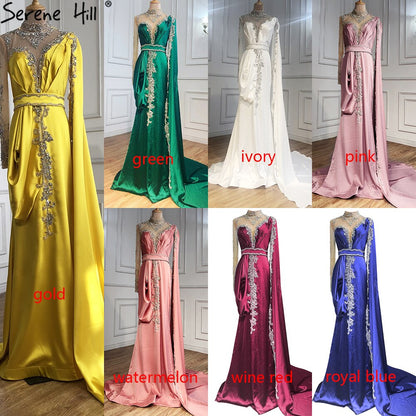 Elegante vestido de noche de sirena dorado, 2025, de satén, de lujo, con cuentas, un hombro, para mujer, fiesta, LA70869 