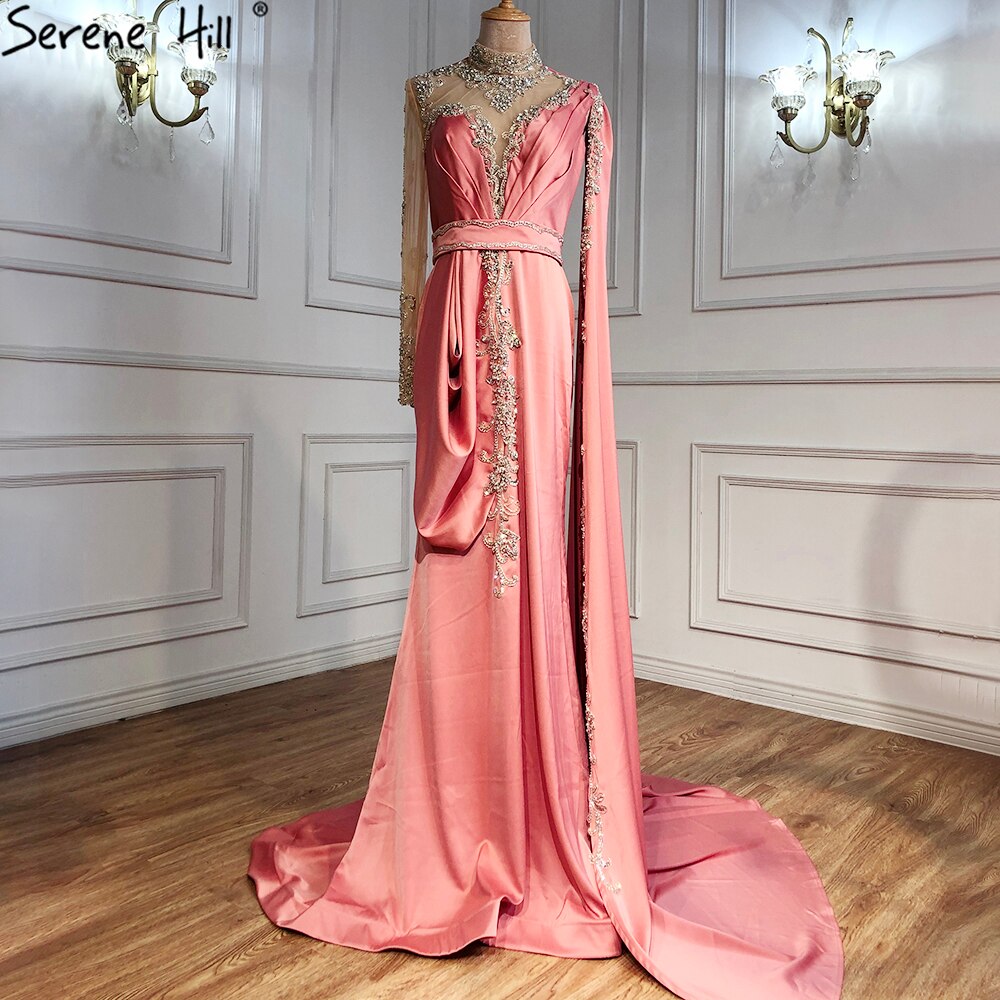 Elegante vestido de noche de sirena dorado, 2025, de satén, de lujo, con cuentas, un hombro, para mujer, fiesta, LA70869 