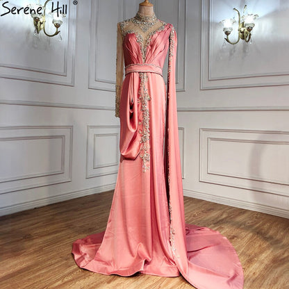 Elegante vestido de noche de sirena dorado, 2025, de satén, de lujo, con cuentas, un hombro, para mujer, fiesta, LA70869 