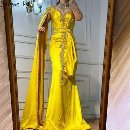 Elegante vestido de noche de sirena dorado, 2025, de satén, de lujo, con cuentas, un hombro, para mujer, fiesta, LA70869 