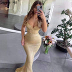 Gold Meerjungfrau Elegante Abendkleider Kleider 2025 Spaghetti Strap Sparkle Für Frauen Party LA71419 