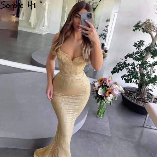 Elegante vestido de noche de sirena dorado con tirantes finos y brillo para mujer, LA71419 