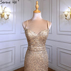 Gold Meerjungfrau Elegante Abendkleider Kleider 2025 Spaghetti Strap Sparkle Für Frauen Party LA71419 